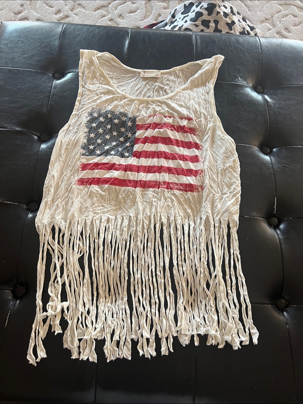 White Fringe Tank Top with American Flag Graphic